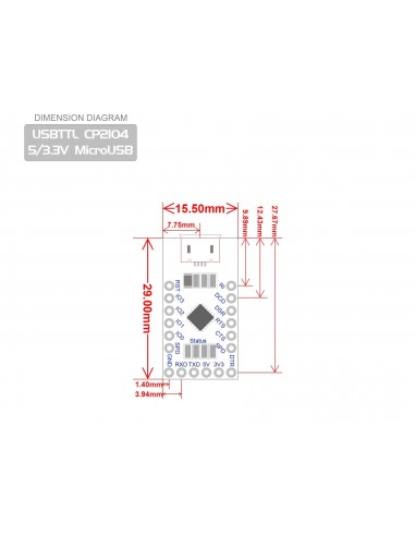 USB-Serial adapter/microcontroller CP2104, 5V/3.3V, digital I/O, Micro-USB
